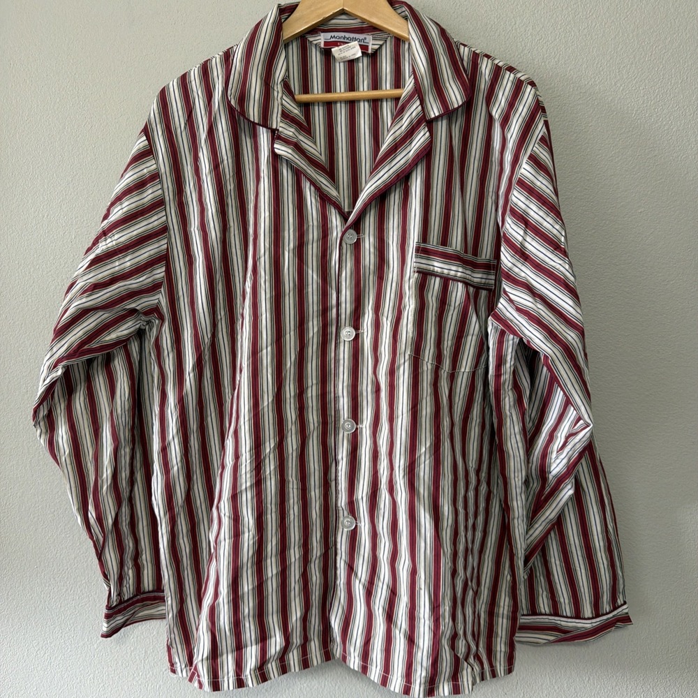 Manhattan VTG Men's 2 Piece Striped Pajama Set XL Bottoms & Top Button 1970's